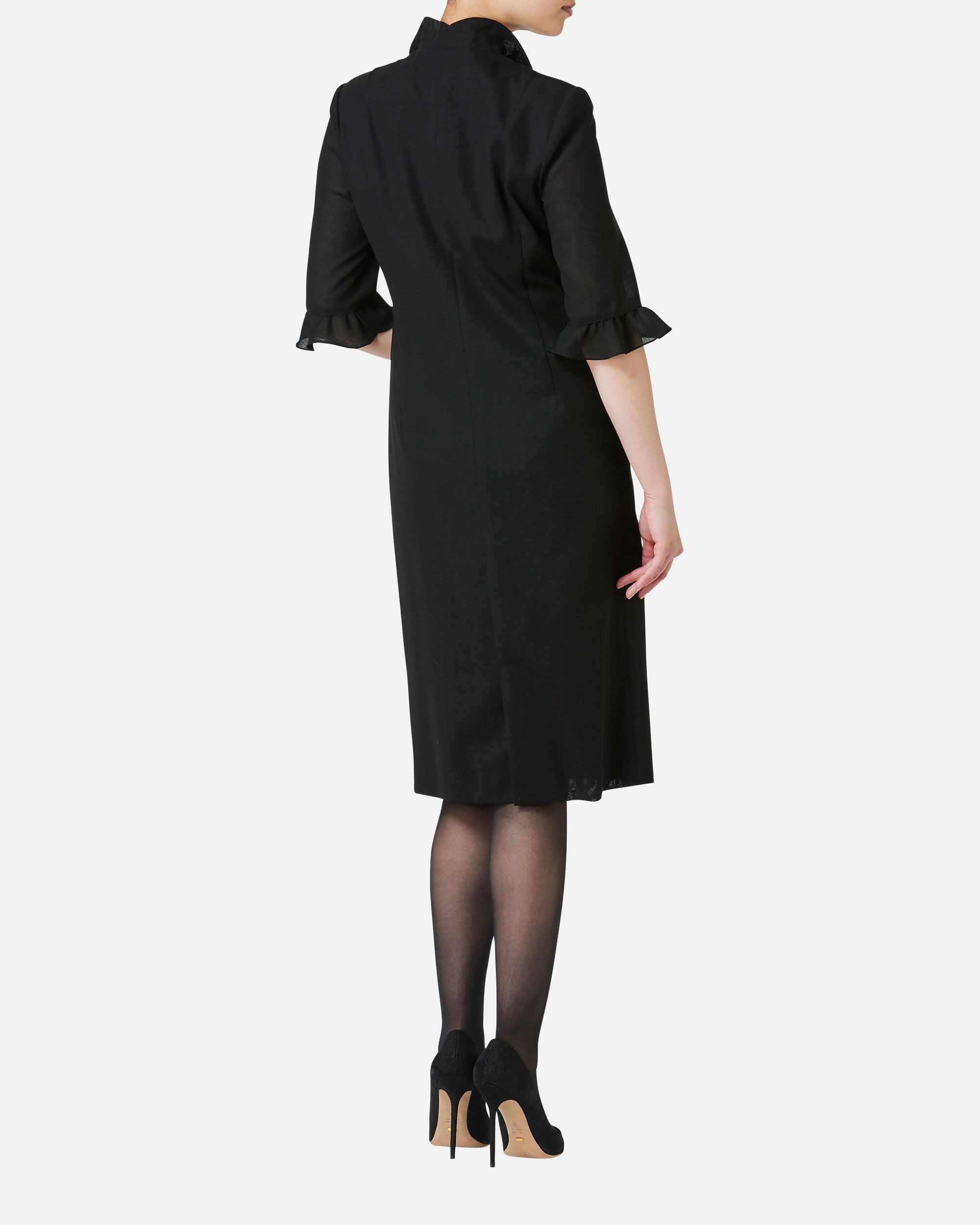 フリルカラースリーブブラックワンピース / Black Dress with Frill on Collar and Sleeve Hem