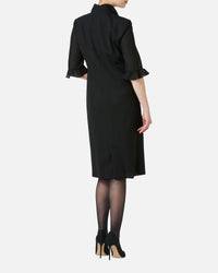 フリルカラースリーブブラックワンピース / Black Dress with Frill on Collar and Sleeve Hem