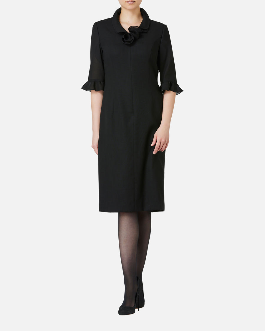 フリルカラースリーブブラックワンピース / Black Dress with Frill on Collar and Sleeve Hem